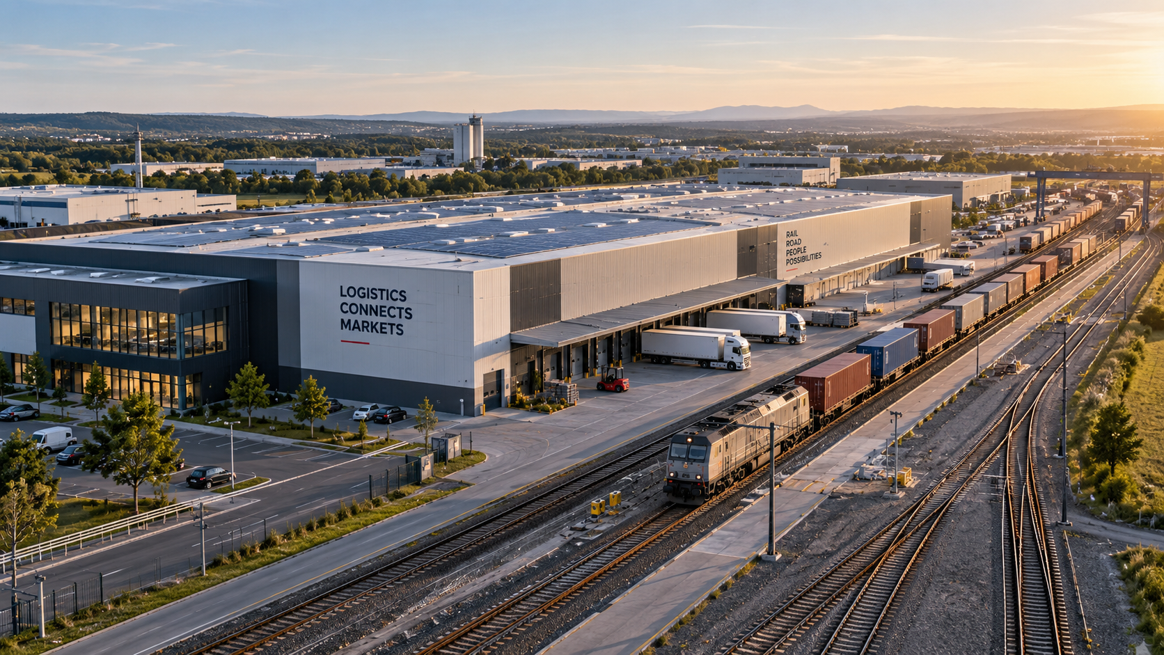 Visualisierung einer Logistikimmobilie mit direktem Schienenanschluss